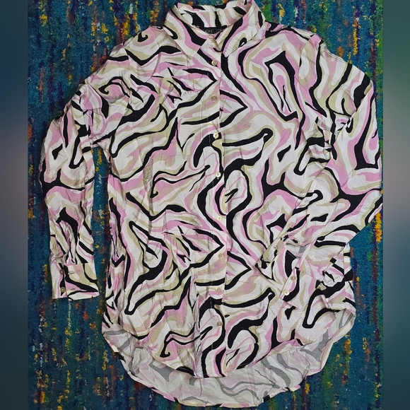 NWT Rachel Zoe Size XS Abstract‎ Pattern Button-Up Shirt Pink, White, Black, Tan - Picture 1 of 6